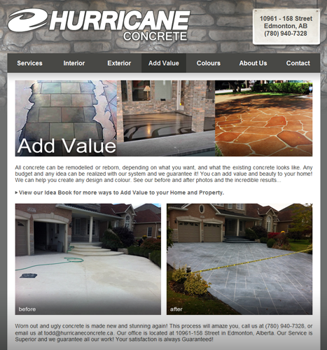 Web Design, Illustration, Photo Manipulation: Hurricane Concrete Website - Add Value Page