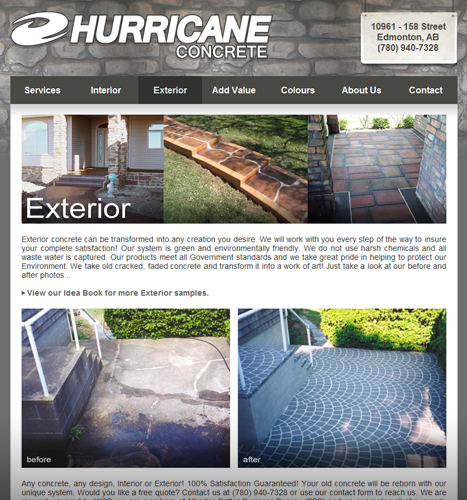 Web Design, Illustration, Photo Manipulation: Hurricane Concrete Website - Exterior Page