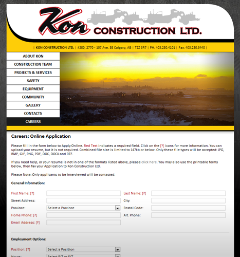 Web Design, Photo Manipulation, Illustrations, Flash Animation: Kon Construction Ltd. Website - Careers Section.