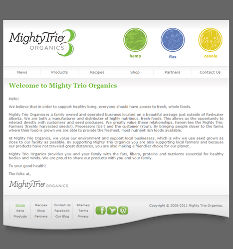 Web Design, Illustration, Photo Manipulation: Mighty Trio Organics Website - Home Page