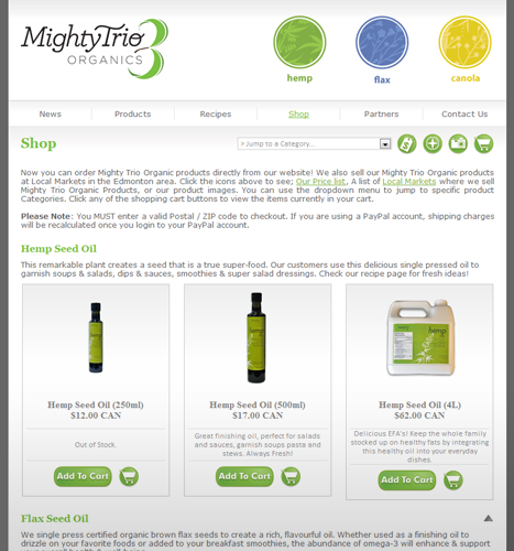 Web Design, Illustration, Photo Manipulation: Mighty Trio Organics Website - Shop Page