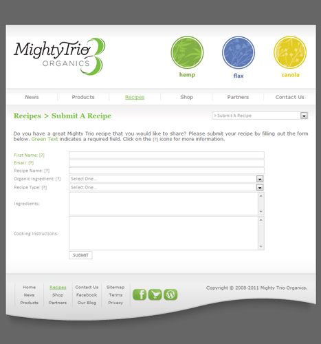 Web Design, Illustration, Photo Manipulation: Mighty Trio Organics Website - Recipe Submission Page