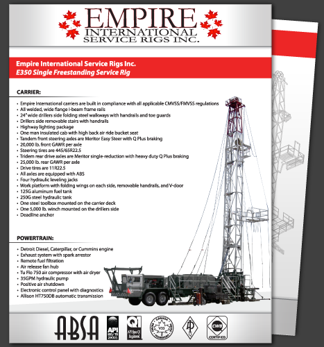 Print, Illustration, Photo Manipulation: E350 Single Freestanding Service Rig Specsheet (Front)